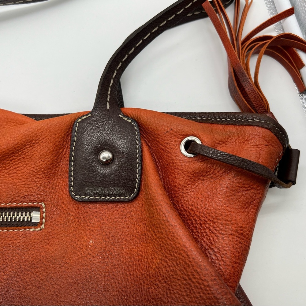 ROOTS Vintage Sunset Orange Brown Ombre Pebbled Leather Shoulder Bag Tote - Picture 5 of 13